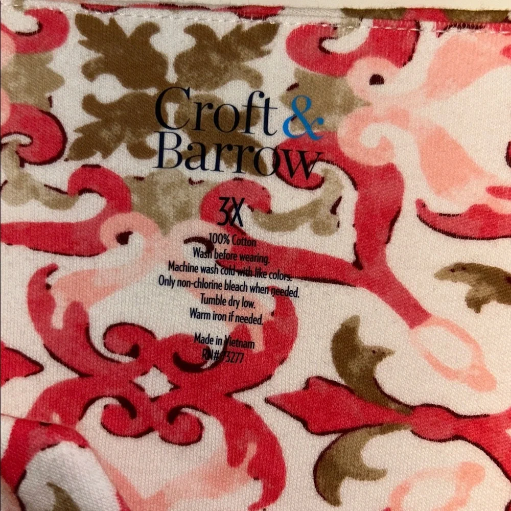 Croft & Barrow 3X Cotton Ornate Print Classic Split neck Short Sleeve Tee